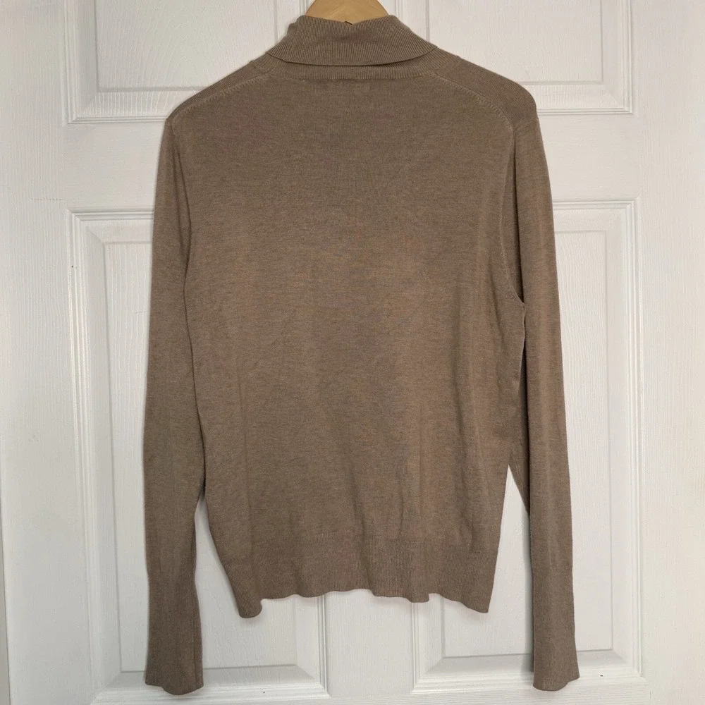 Tahari Sweater Women XL Tan/Brown Turtleneck Lightweight Gold Button Minimalist